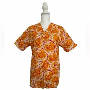 Uniform City Orange Floral Rose Print Nursing Medical Scrub Top Women's Small